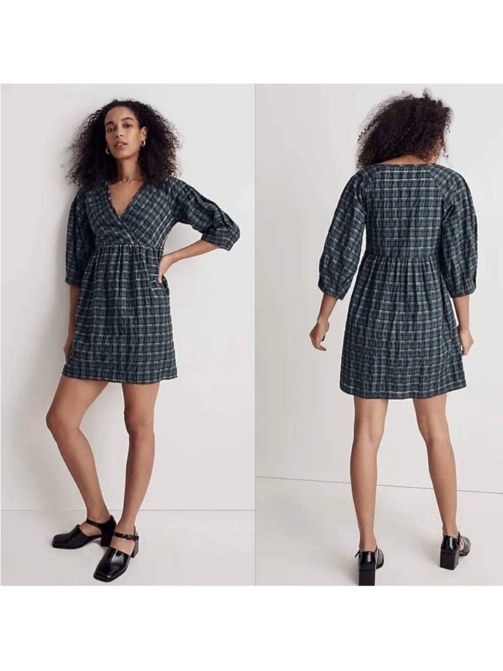Madewell Marianna Puff-Sleeve Mini Dress in Plaid Size Medium